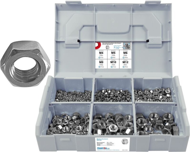 FRANTOS L-BOXX Mini 640 tlg. Sechskantmuttern DIN 934 Sortiment (Edelstahl A2)