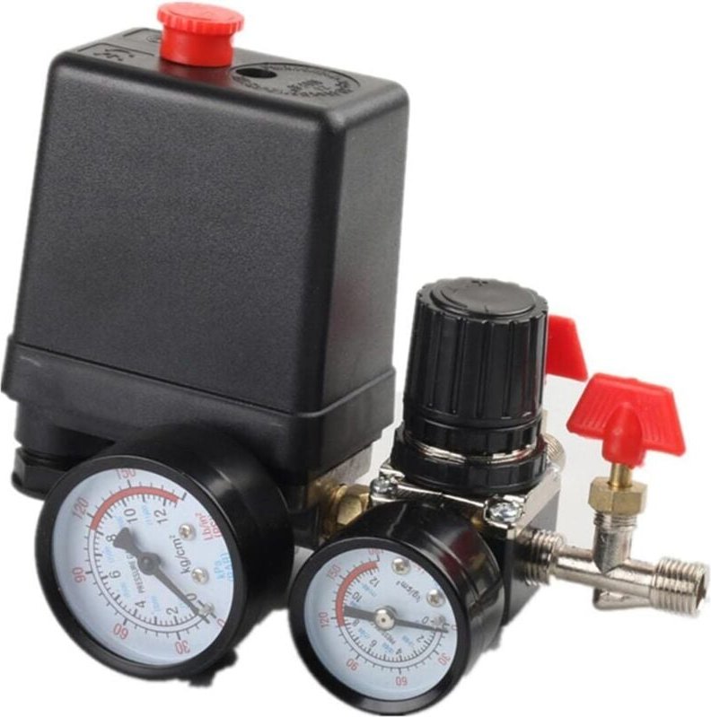 Luftkompressor-Druckschalter G1/4 Zoll 220 V 4-Port-Sicherheitsventil-Verteilerregler mit doppeltem Manometer, pneumatis...