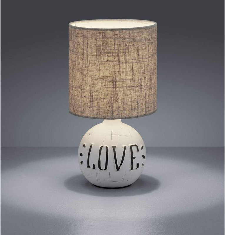 Meinewunschleuchte - led Tischleuchte Keramik-Sockel Schriftzug love Stoffschirm Braun, Höhe 31cm