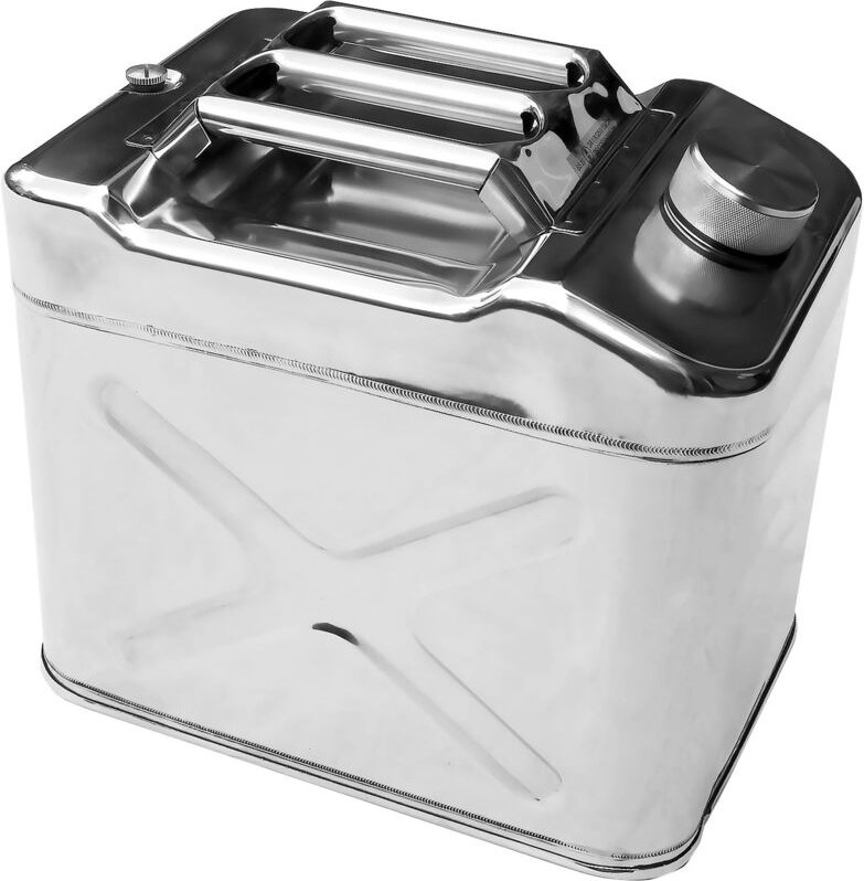 Kanister 20 Liter aus poliertem Edelstahl. Kraftstoff, Benzin, Diesel, Öl, Wasser. Kompaktes Muster.