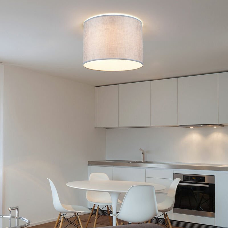 Deckenleuchte grau Modern Wohnzimmerleuchte Textil Deckenlampe rund, Metall weiß satiniert, 3x E27 Fassungen, DxH 35x27 ...