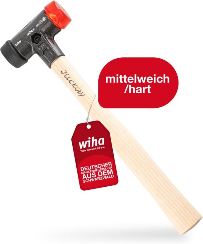 Wiha Schonhammer Safety mittelweich und hart (26611) I Gummihammer mit hochwertigem Hickory Holzstiel I Rund-Schlagkopf ...