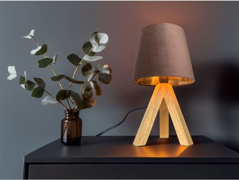 Tischlampe mit Dreibein aus Holz, Samtschirm Braun Gold, Höhe 27cm