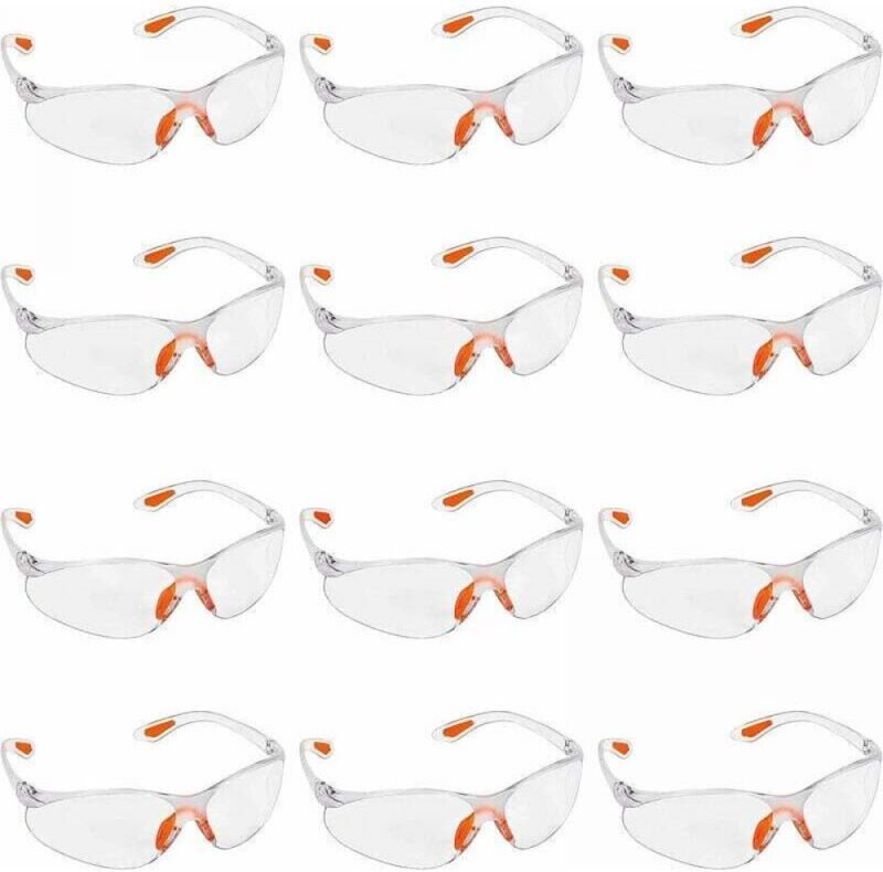 Packung mit 12 transparenten Schutzbrillen mit Kunststoffgläsern, Nasensteg und Bügelschutz aus Gummi, transparente pers...