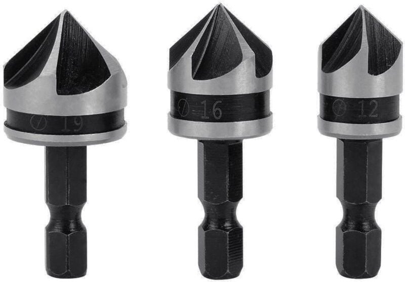 Thumbnail - Supermarket - 3 Stück 1/4 Zoll Sechskant-HCS-Senker-Bohrer mit 5 Nuten für Senker, Waschbecken, Senker, 12 mm/16 mm/19 m...