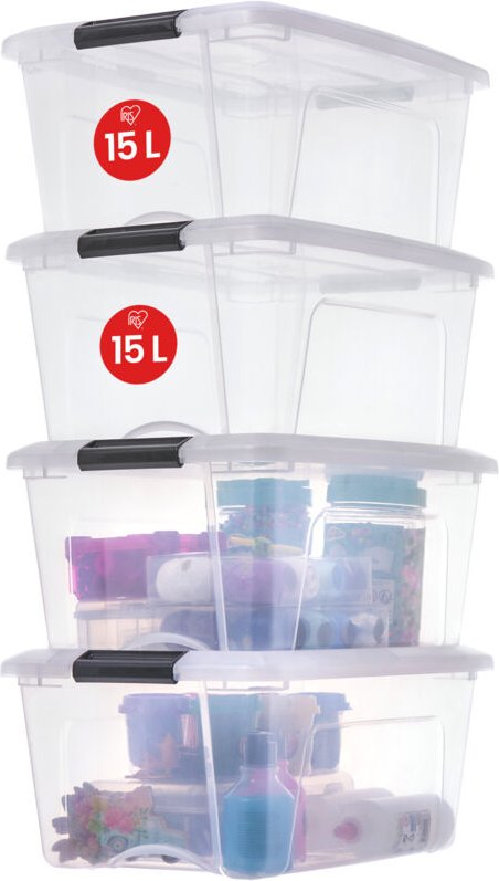 Aufbewahrungsboxen mit Deckel, 15L, 4er-Set, Transparent, Sicherer Verschluss, Stapelbar, Griffe, Schlafzimmer, Schrank,...