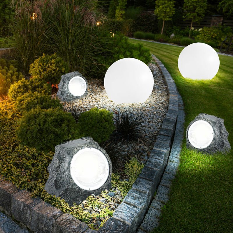 Gartendeko Lampen Steinoptik Solarlampen für Außen Garten led Terrassen Dekoration Kugel Solar, Kunststoff weiß grau, le...