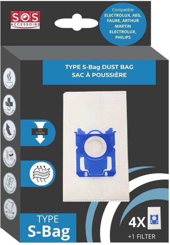 Ersatzteil - Boite de 4 sacs TYPE S-BAG - - ELECTROLUX, TORNADO, AEG, ESSENTIEL B, VOLTA