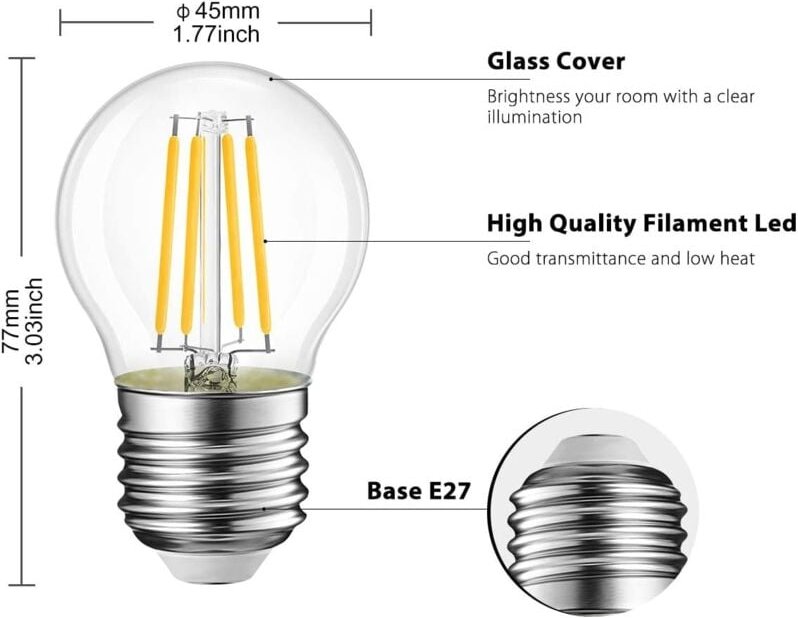 Thumbnail - Aougo - 6W LED-Glühlampe E27 G45, entspricht 60W Glühlampe, 806Lm 2700K Warmweiß, Vintage-Edison-Glühbirne, nicht dimmba...