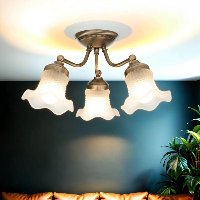 Licht-erlebnisse - Deckenleuchte E14 Weiß Bronze Glas Messing Floral Deckenlampe