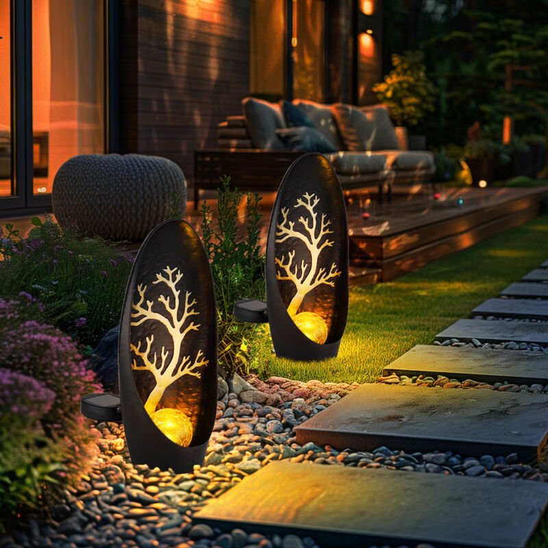 Thumbnail - Solarleuchte Baummuster Stehlampe Solarlampe schwarz Gartendeko Solar, IP44 Akku Metall, 1x led, LxBxH 14x7x30cm, 2er Se...