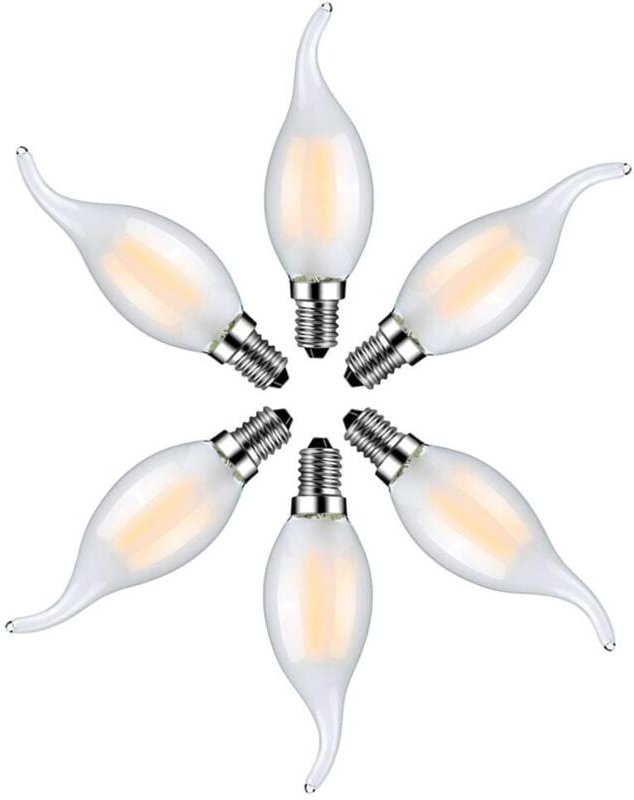 6er-Pack E14 4W LED-Flammenlampen, Warmweiß 2700K – Filament-Kerzenlampen für Kronleuchter – Milchglas
