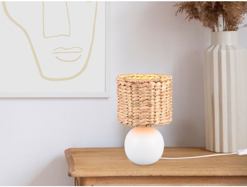 Tischleuchte vina Keramikfuß Weiß mit Seegras Lampenschirm, Höhe 29cm