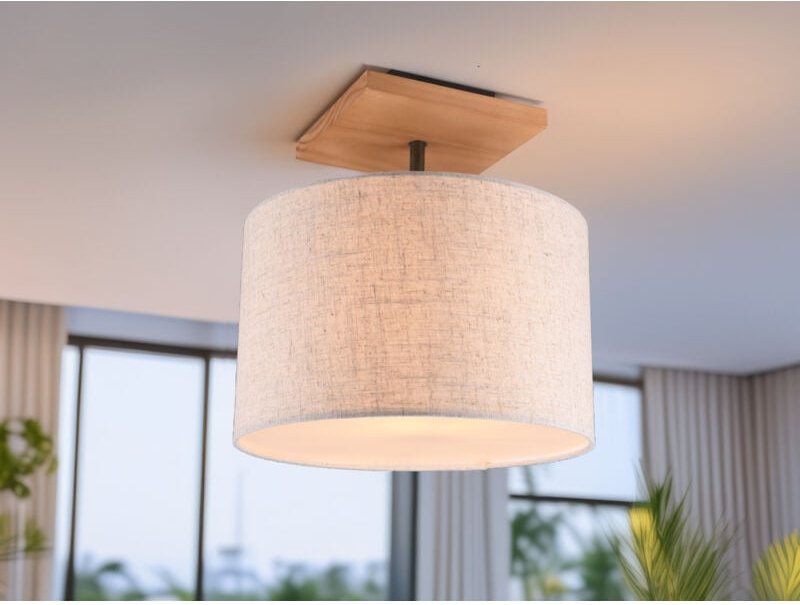 Trio - Deckenleuchte elmau mit Stoffschirm in Beige und Naturholz Sockel, ø 36cm