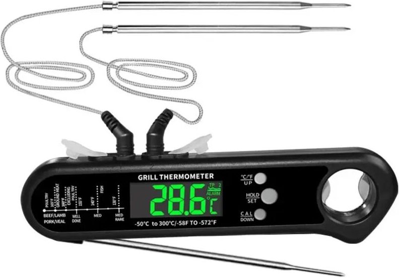 Thermomètre Alimentaire à Lecture Instantanée avec 2 Sondes Filaires Détachables, Étalonnage, Fonction D'Alarme - Lntyq