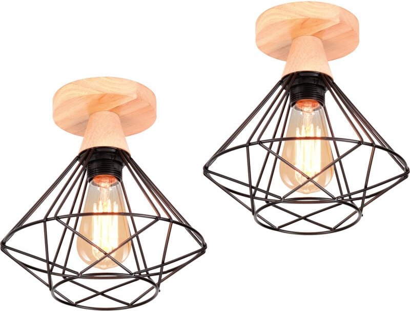Axhup - 2x Industriell Metall Hölzern Deckenlampe Design in Rautenform Lüster E27 Kronleuchter für Wohnzimmer Korridor F...