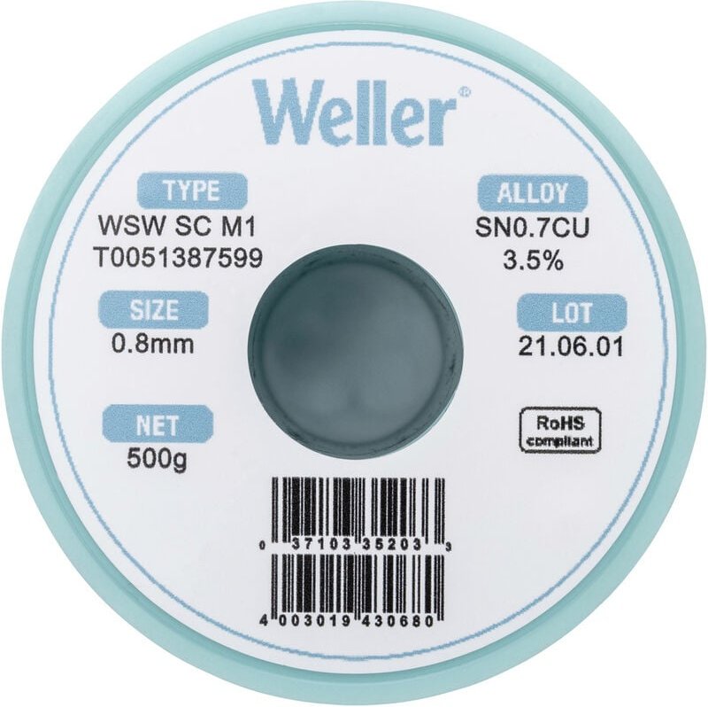 Weller - wsw sc M1 Lötzinn, bleifrei Spule Sn0,7Cu 500 g 0.8 mm