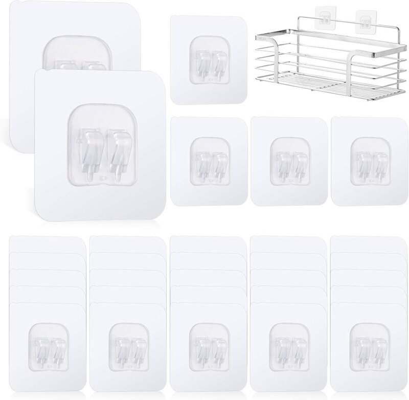 Selbstklebende Haken (6 x 6 cm) ohne Bohren, für Dusch-, Küchen- oder Badezimmerregale, Tragkraft 5 kg, 30er-Packung, fü...