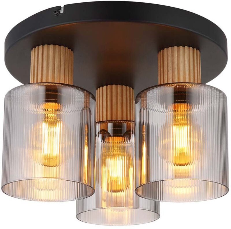 Globo Lighting - Deckenleuchte Schlafzimmerlampe Holzoptik Glasschirm 3 flammig Deckenlampe, Metall mdf, 3x E27 Fassung,...