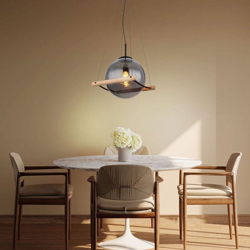 Pendellampe Hängelampe Hängeleuchte Esstischlampe Höhenverstellbar Rauchglas Metall schwarz Holz natur, 1x E27 Fassung, ...