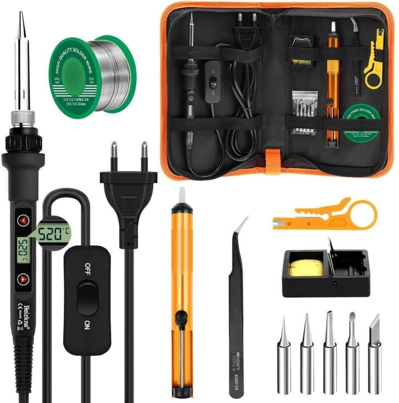 Lötkolben Set 80W lcd Einstellbare Temperatur 180-520°C Lötkolben mit An-/Ausschalter, 50g Lötdraht, 5 Lötspitzen, Entlö...