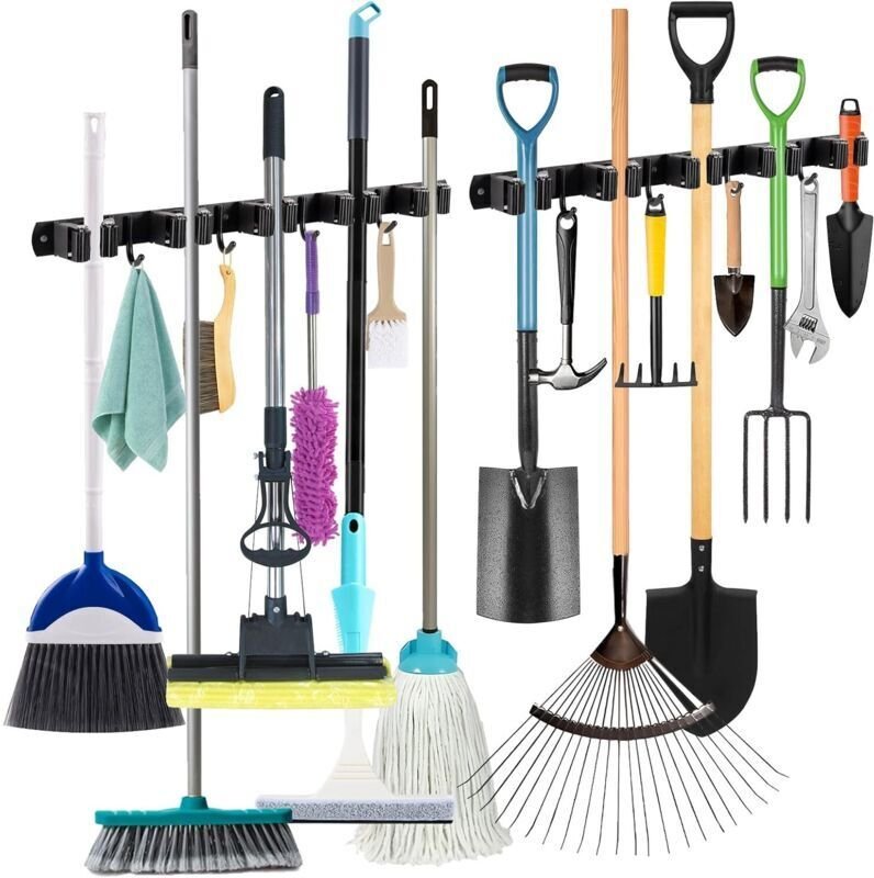 2-teiliger Wandbesenhalter, 5 Wandbesenhalter und 4 Haken, Schwarz, Besenhalter mit Bohr- oder Klebebefestigung für Bade...