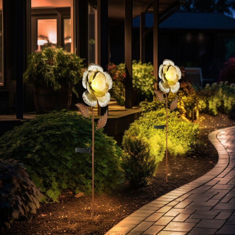 Thumbnail - Etc-shop - 2x led Solar Steck Lampen Blüten Garten Deko Erdspieß Hof Leuchten silber rost
