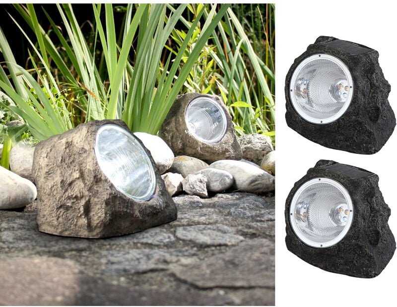 Meinewunschleuchte - 2x led Gartendeko Solarleuchten in Steinoptik aus grauem Kunststoff