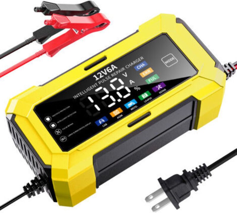12V 6A Gelbes 12V 6A Ladegerät für Autobatterien, Motorradbatterien sowie Blei-Säure- und Lithium-Eisen-Batterien