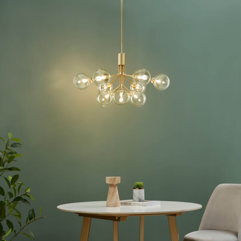 Großer eleganter goldener Kronleuchter mit 9 transparenten Kugeln - Audrey