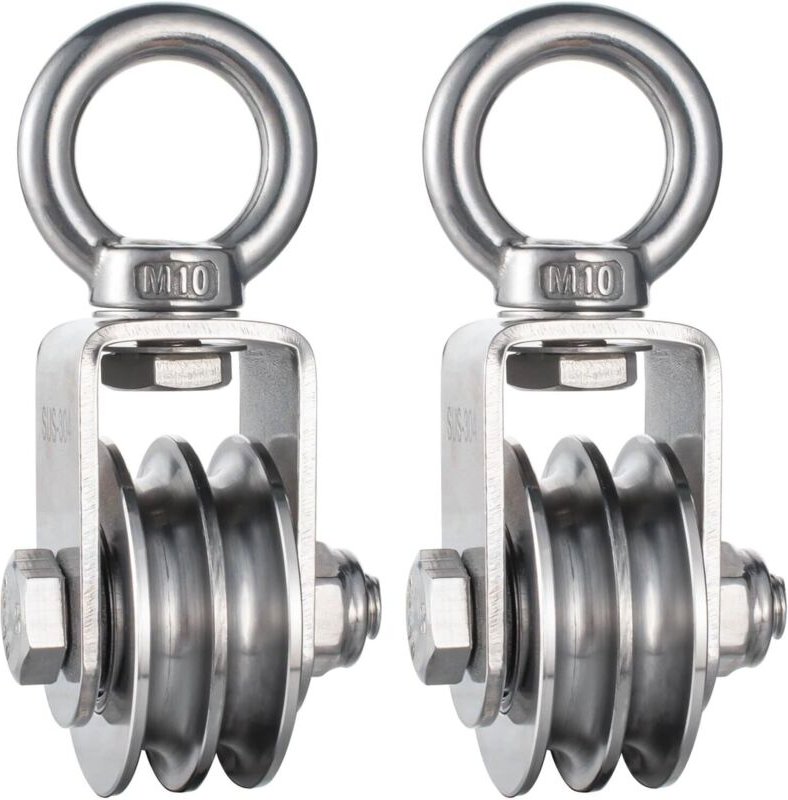 Lot 2 poulies doubles – inox – corde 8 mm – charge 500 kg – 2 roulements billes