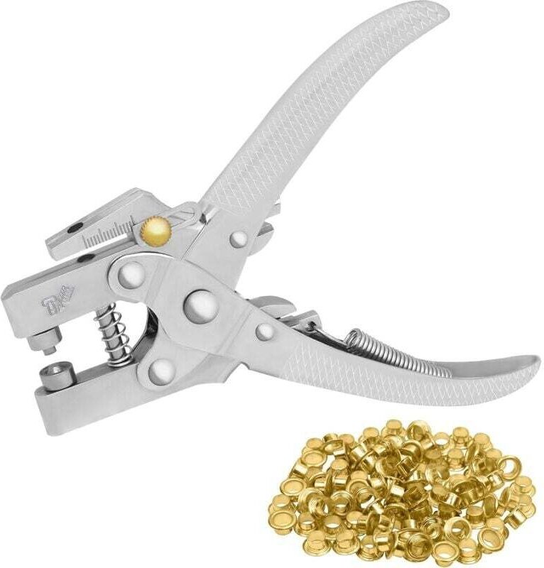 Senzange mit 100 Ösen – 16 cm Lochzange für Ledergürtel – 7,2 mm große goldene Metallösen – für Stoffe, Kleidung, Schuhe...