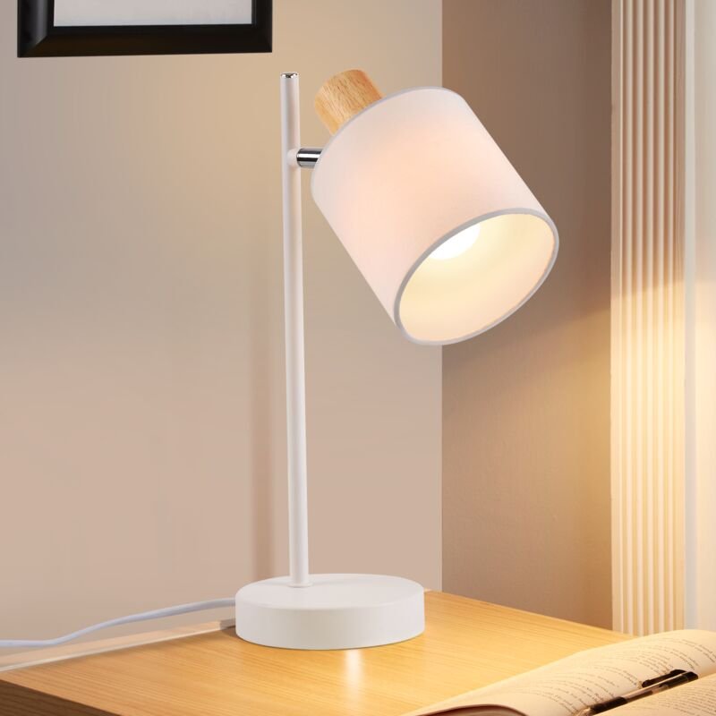 Tischlampe Holz Nachttischlampe Vintage - 35.5cm E14 Tischleuchte Weiß Stoffschirm mit Schalter Kabel und Stecker Retro ...