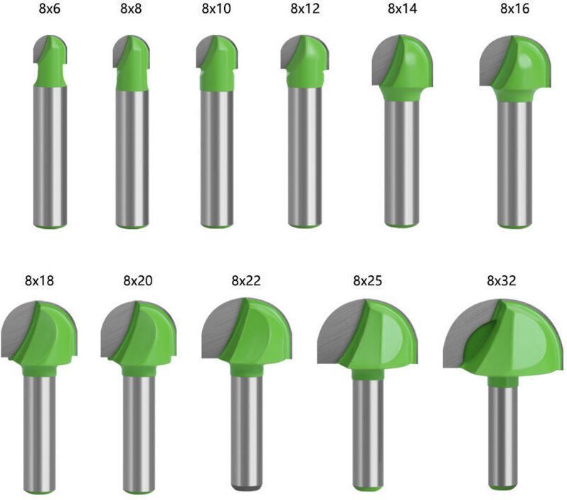 Rundboden-Holzfräser, 11-teiliges Set mit 8-mm-Schaft, Hartmetall-Nutfräser für Oberfräsen