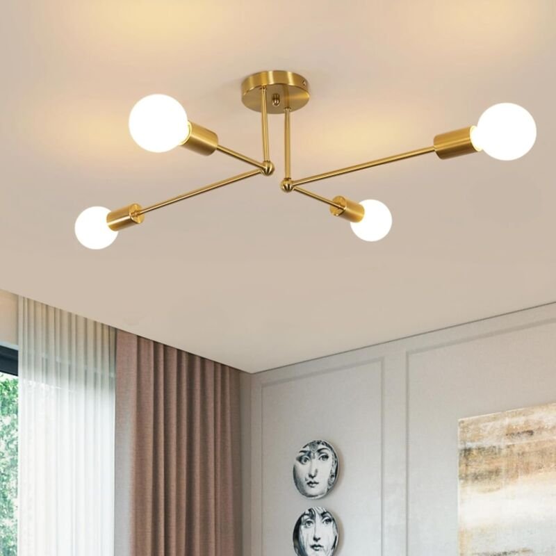 GOECO Vintage-Industrie-Deckenleuchte, moderner Sputnik-Kronleuchter, 4 Lichter, E27, goldfarbene Eisen-Deckenleuchte, D...