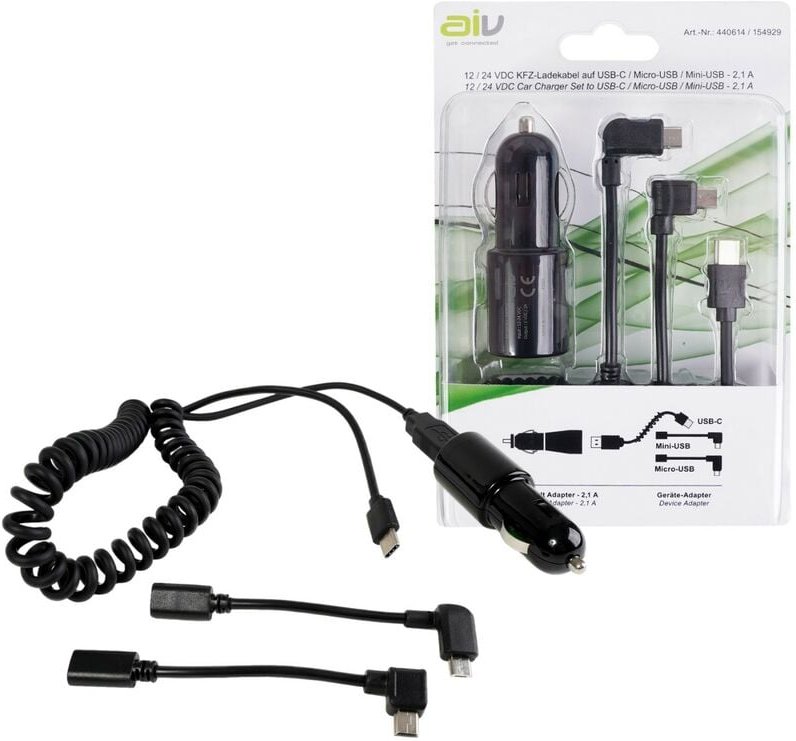 AIV - 12V/24V Spiral Ladekabel 2.1A usb-c + Adapter Micro-/Mini-USB