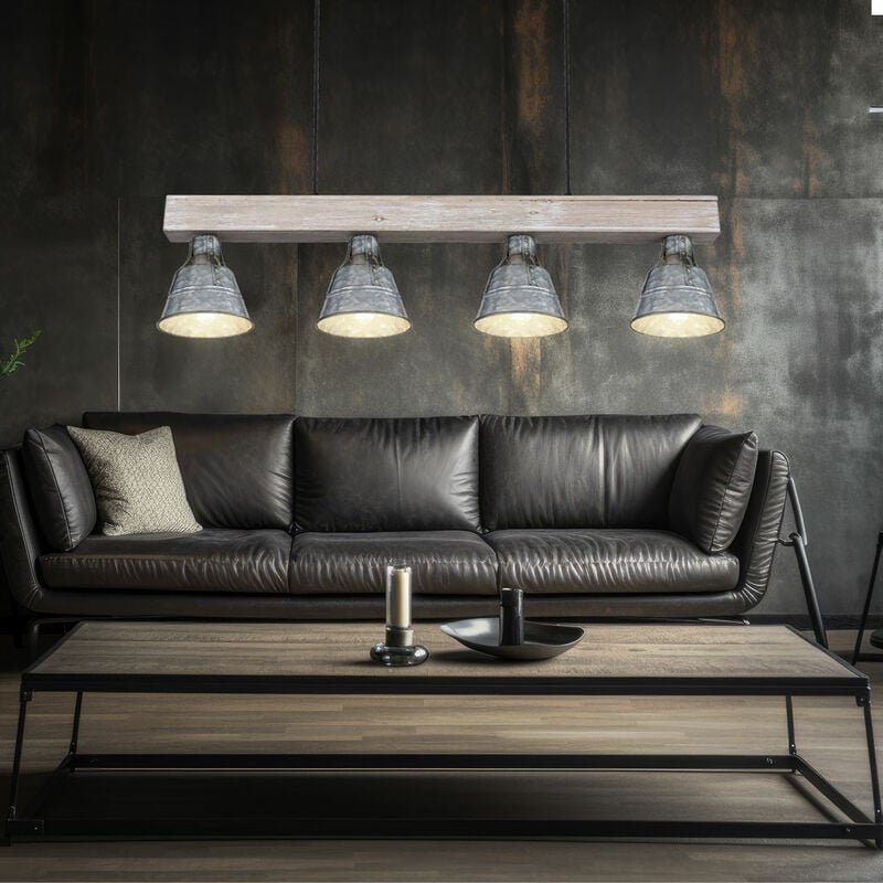 Holzlampe Hängelampe Hängeleuchte Pendelleuchte Holzbalkenleuchte, 4 Flammig Landhaus Metall antik Holz natur, 4x E27 Fa...
