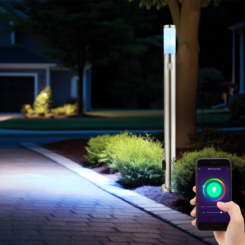 Stehleuchte mit Bewegungsmelder Standleuchte Edelstahl Außenleuchte Steckdosen, App Steuerung cct dimmbar, Smart rgb led...