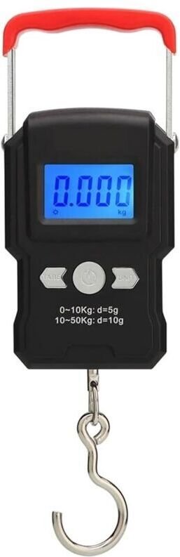 Hängende Hakenwaage, doppelte Genauigkeit, LCD-Hintergrundbeleuchtung, 50 kg/5 g, 210 x 65 x 30 mm