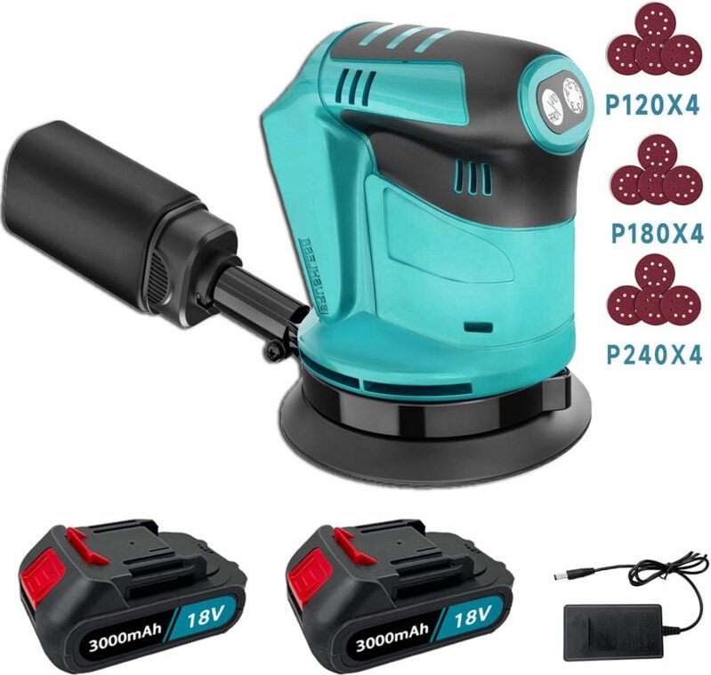 Kabelloser bürstenloser Exzenterschleifer, Schleif- und Polierwerkzeug, 3 Geschwindigkeiten, 125 mm, 12 Scheiben (120 mm...