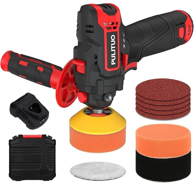 PULITUO Autopolierer, 12-V-Polierer, 3-Zoll-Akku-Polierer, variable Geschwindigkeit 2600–7800 U/min, 8 Polierpads, 2,0-A...