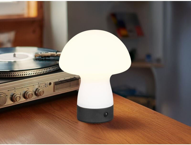 Reality Leuchten - Kleine Akku Tischlampe dooley aus Glas Weiß satiniert, Höhe 18cm