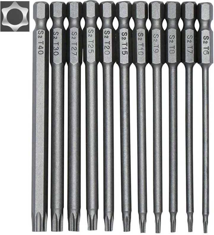 Thumbnail - Set mit 11 langen Torx-Bits für Schraubendreher und Elektroschrauber – Magnetische Bits – 1/4-Zoll-Sechskantschaft – Grö...
