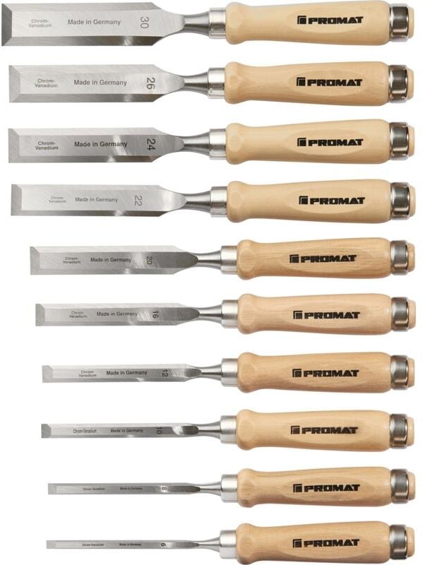 Stechbeitelsatz 6,8,10,12,16,20,22,24,26,30mm Weißbuchenh.Ulmer Form Krt.