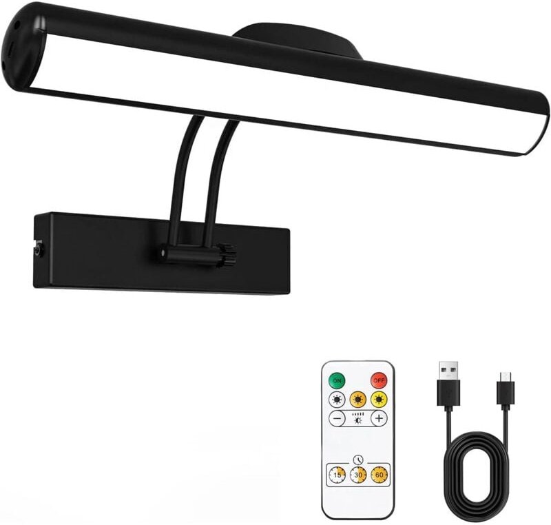 Fernbedienungs-Wandleuchte, kabellose LED-Bilderleuchte, drehbarer LED-Lichtkopf mit Timer, 180°-Schwenkarm-Bilderleucht...