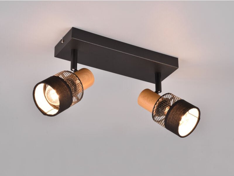 Trio Leuchten - Deckenstrahler nandini 2-flammig, Holz & Draht-Stoff Lampenschirm, Breite 38,5cm