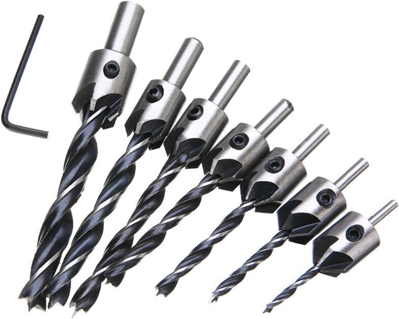 7-in-1 HSS-Dreipunkt-Senker-Set für die Holzbearbeitung – Kegelfräser mit HSS- und Stahlbohrern, 45°-Fase für Zapfenschr...