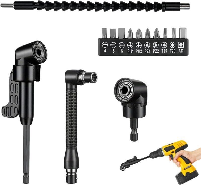 14-teiliges Winkelschraubendreher-Aufsatzset mit 1/4"-Sechskantschaft-Verlängerungsstange, Winkelbohreraufsatz und 105° ...