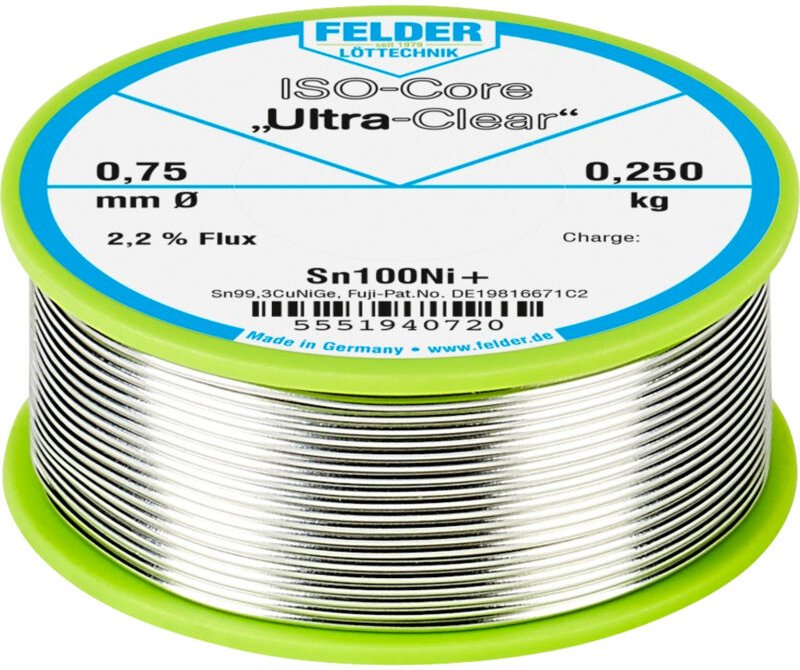 Felder Löttechnik - Felder ISO-Core 'Ultra-Clear' Sn100Ni+ Lötzinn, bleifrei Spule Sn99,25Cu0,7Ni0,05 0.250 kg 0.75 mm
