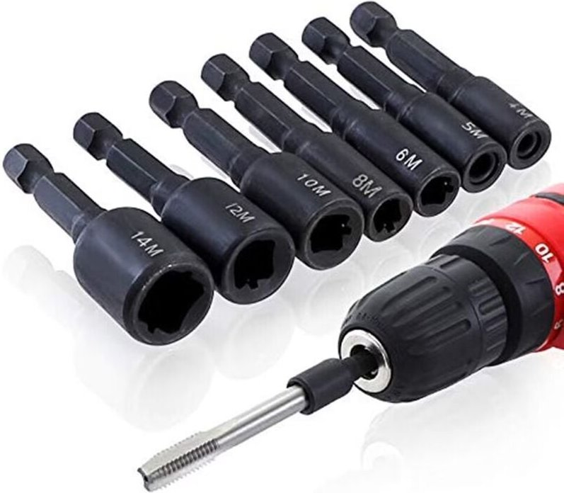 Fitags - 7-teiliger M4-M14-Steckschlüsseladapter 1/4 Zoll Sechskantschaft Maschinen-Vierkantgewindebohrer-Gewindetreiber...